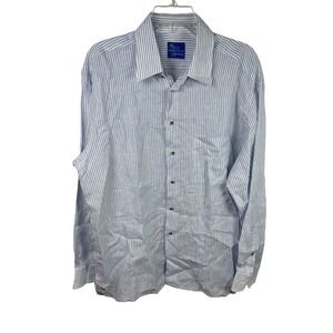 Ben Silver Charleston Shirt Mens Large Blue White Striped Pure Linen Button Down